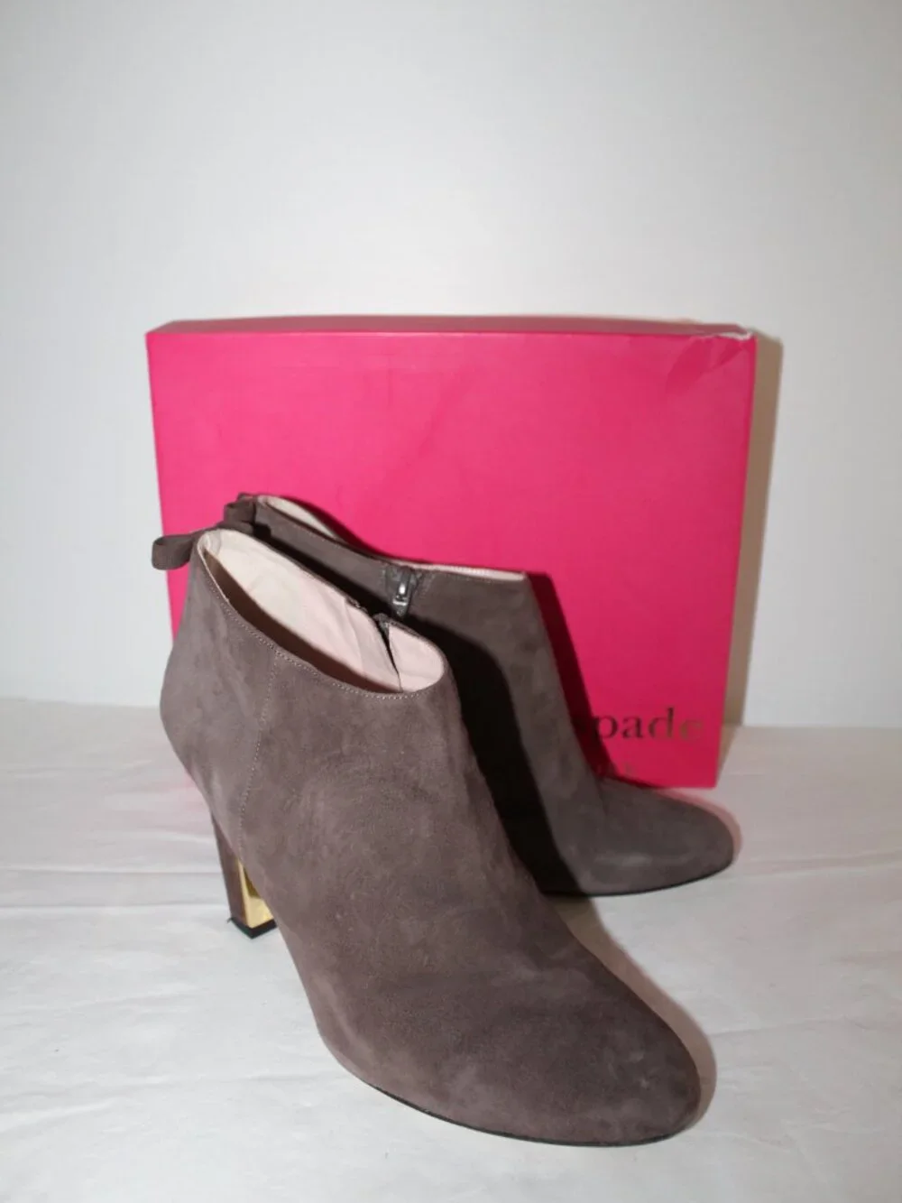 Katee Sppade Netta Dark Taupe Suede Leather Side Zip Booties 10